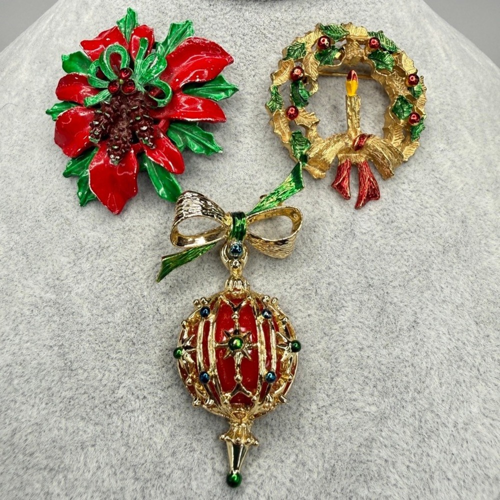 Vintage Christmas Brooch Lot of 3 Poinsettia Wreath Ornament Red Green Gold Tone